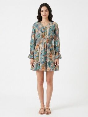 Beautiful Teal Multi Paisley Long-Sleeve  Dress - L